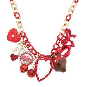 NWT BETSEY JOHNSON Love Spell Valentines Red Charm Statement Gold Tone Necklace